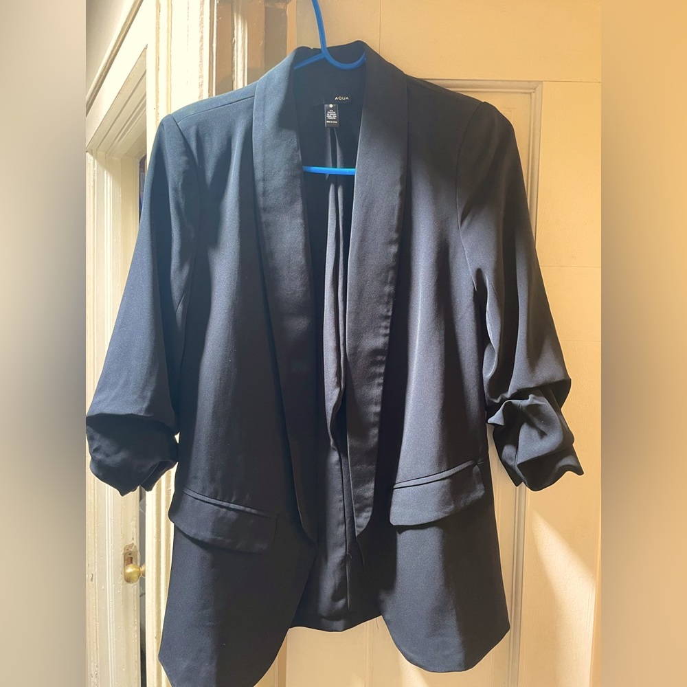 Black AQUA Blazer with rouched sleeves.